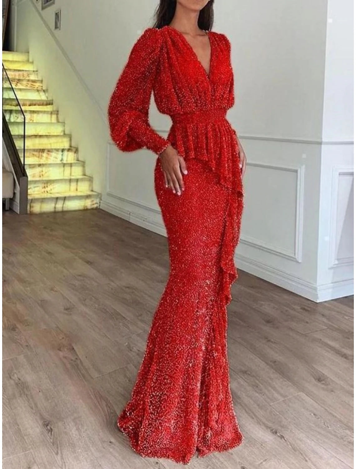 Mermaid / Trumpet Evening Gown Elegant Dress Formal Floor Length Long Sleeve V Neck Sequined with Glitter Pleats Ruffles 2025